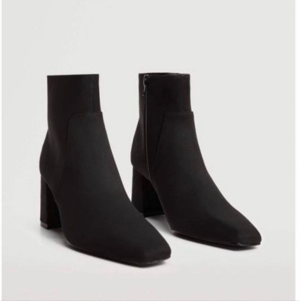 Mango Women's Suede Block Heel Side Zip Ankle Booties Black Size 37 NWT